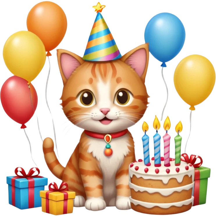 Ginger tabby kitten celebrates birthday, birthday hat, birthday cake, one candle, balloons, happy, gifts emoji