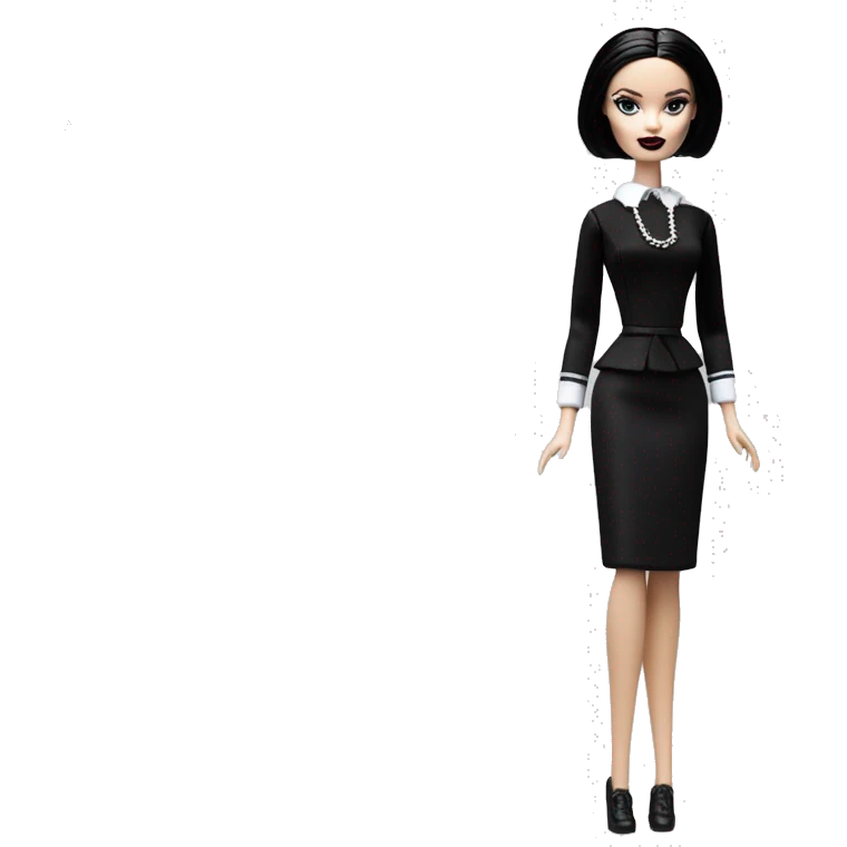   Hostess Wednesday Addams Barbie.  very light skin face. Black lipstick and eyeshadow. Earrings matching necklaces. Long silky raven hair.  shows her legs and black high heel.  emoji