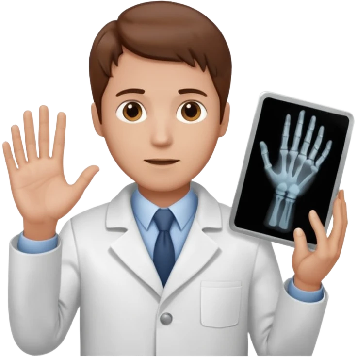Radiografía de mano sostenida por un hombre con bata blanca  piel clara cabello café emoji