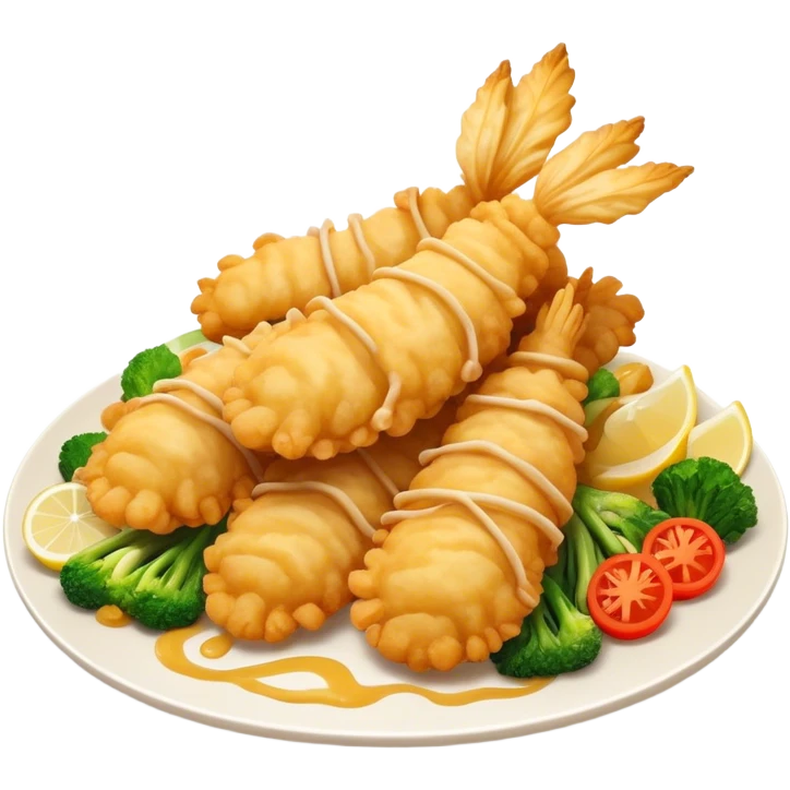 Cinematic Realistic Tempura Dish Emoji, depicted as lightly battered and fried seafood and vegetables rendered with delicate textures and crisp, inviting lighting. emoji