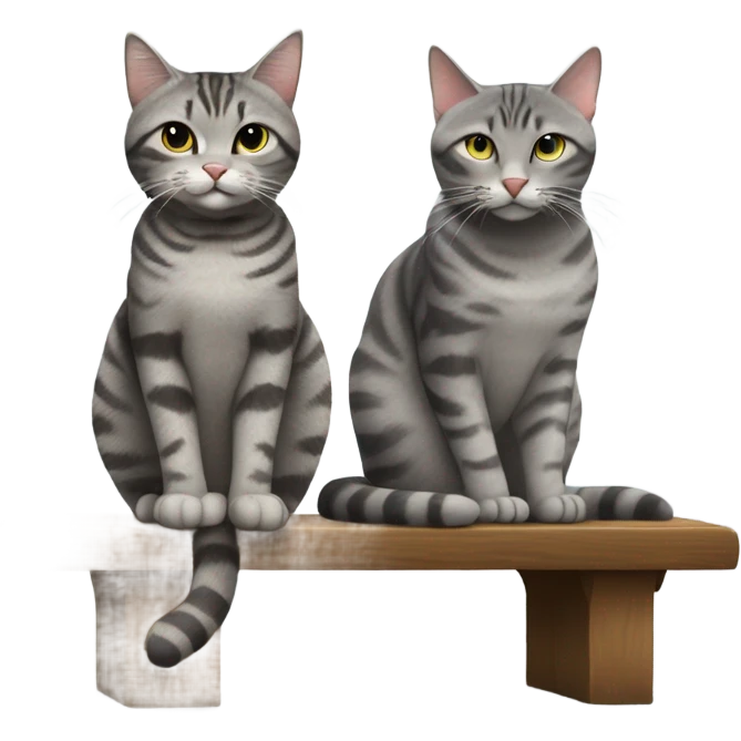 chubby gray tabby cat with skinny gray tabby cat sitting on bench emoji
