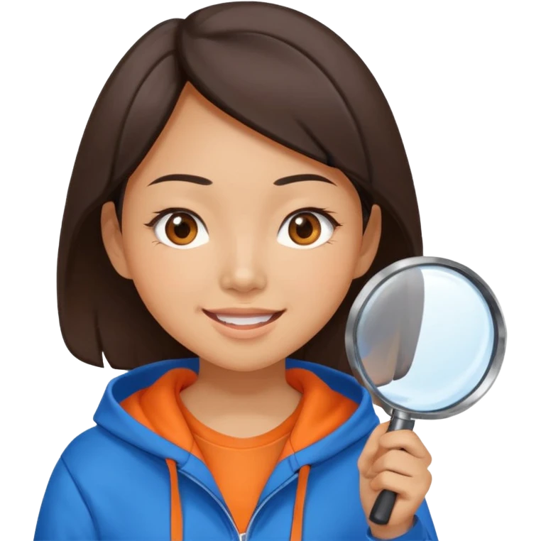 A brunette smiling asian woman wearing orange-blue hoodie holding a large magnifying glass and squinting at something to intently emoji