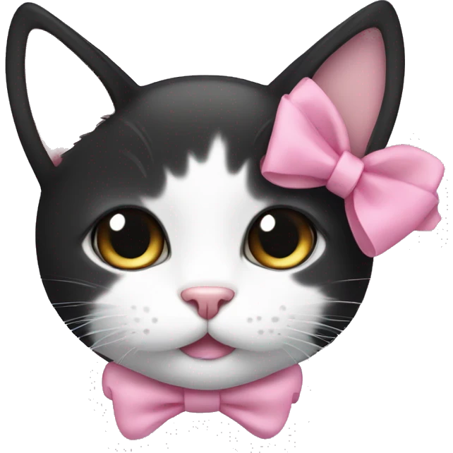 black and white cat with a small pink bow emoji