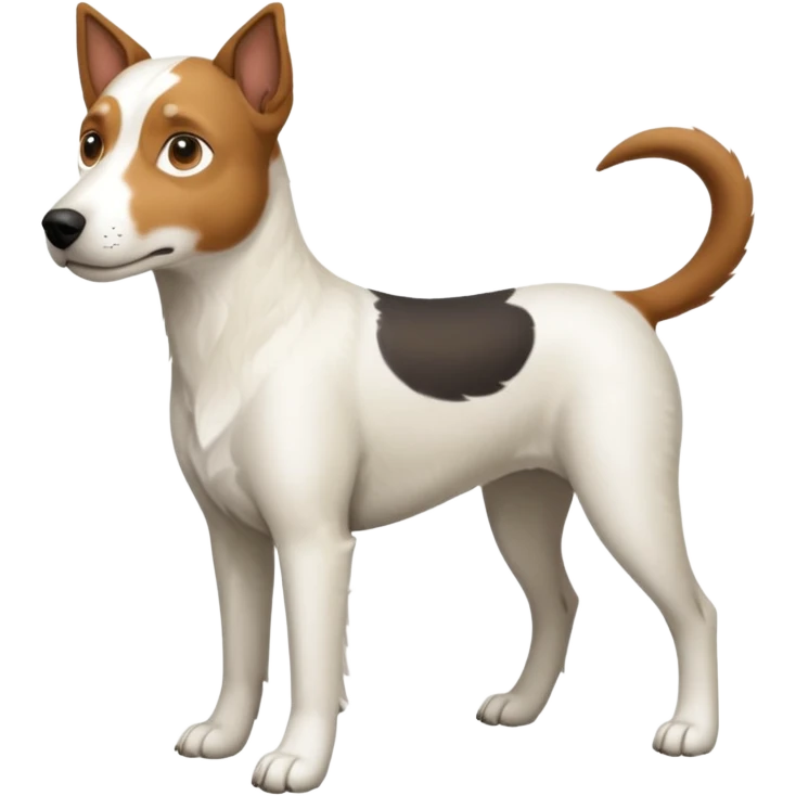 a full body large white parson russell looking dog the size of a kelpie with light brown flopped down ears and a light brown patch on one eye and a large snout emoji