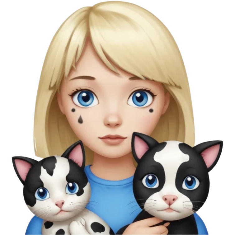 Cute cat black and white stain like a cow in the arms of a blond girl with bangs and blue eyes emoji