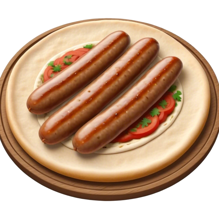 Cevapi Cinematic Realistic Cevapi Dish Emoji, depicted as modest, short, skinless sausages served with traditional flat bread, rendered with realistic textures and rustic, inviting lighting. emoji