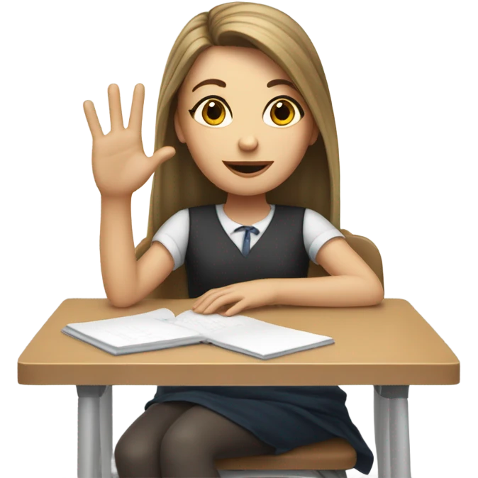 A white girl with one raised hand at a desk at school  emoji