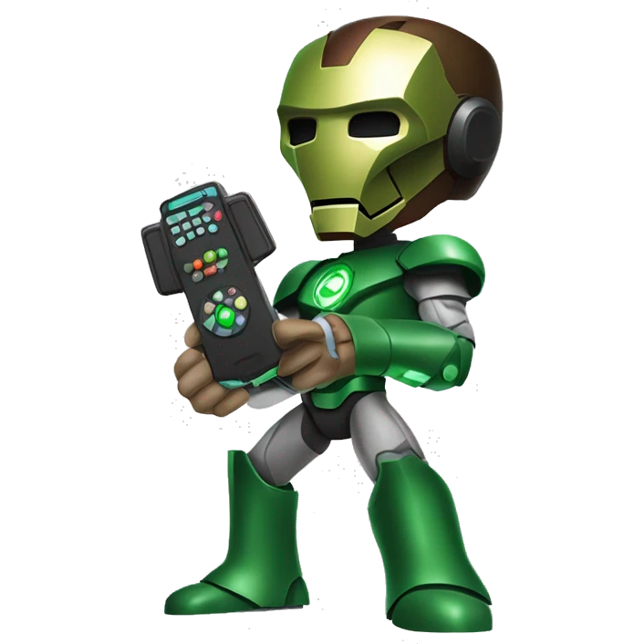 Marvel Ironman Wearing doctor doom mask green color looking in front and holding gaming remote in his hand emoji
