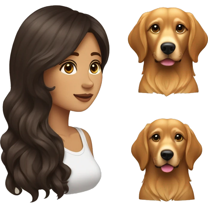 Mujer morena de pelo largo y liso de color marrón oscuro con un perro golden retriver emoji