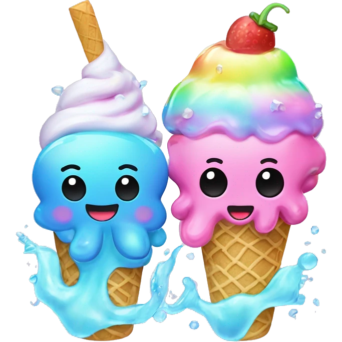 Two Kawaii pastel neon rainbow bedazzled sea creatures enjoying ice cream that looks like kawaii squids  emoji