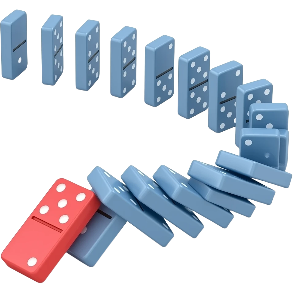 Modern 3D render of sleek dominoes falling in a chain reaction. The lead domino is red, triggering a cascade of glowing blue dominoes. Modern minimalist aesthetic, glossy finish, isometric view, soft shadows, white background. emoji