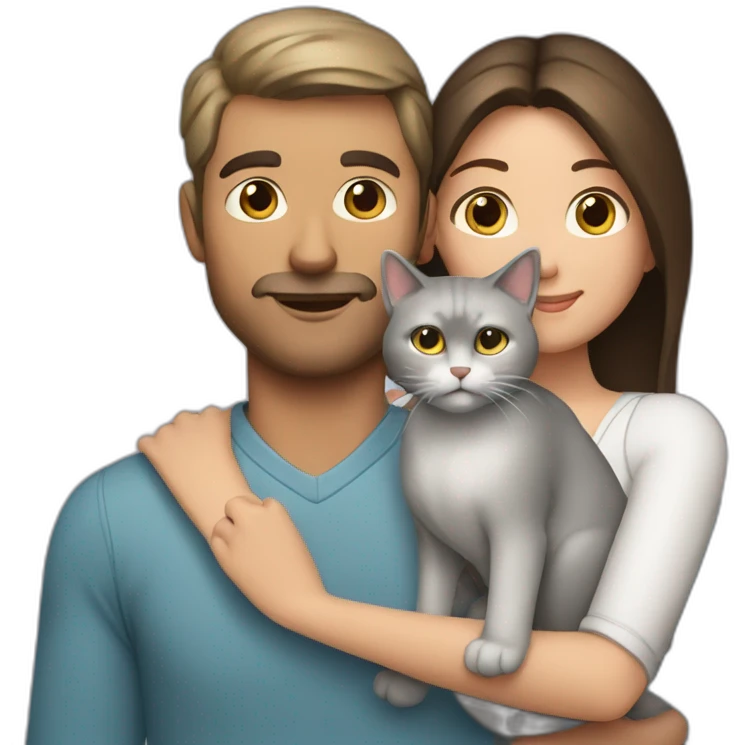 white brun man and brunette woman with a big gray cat in their arms emoji