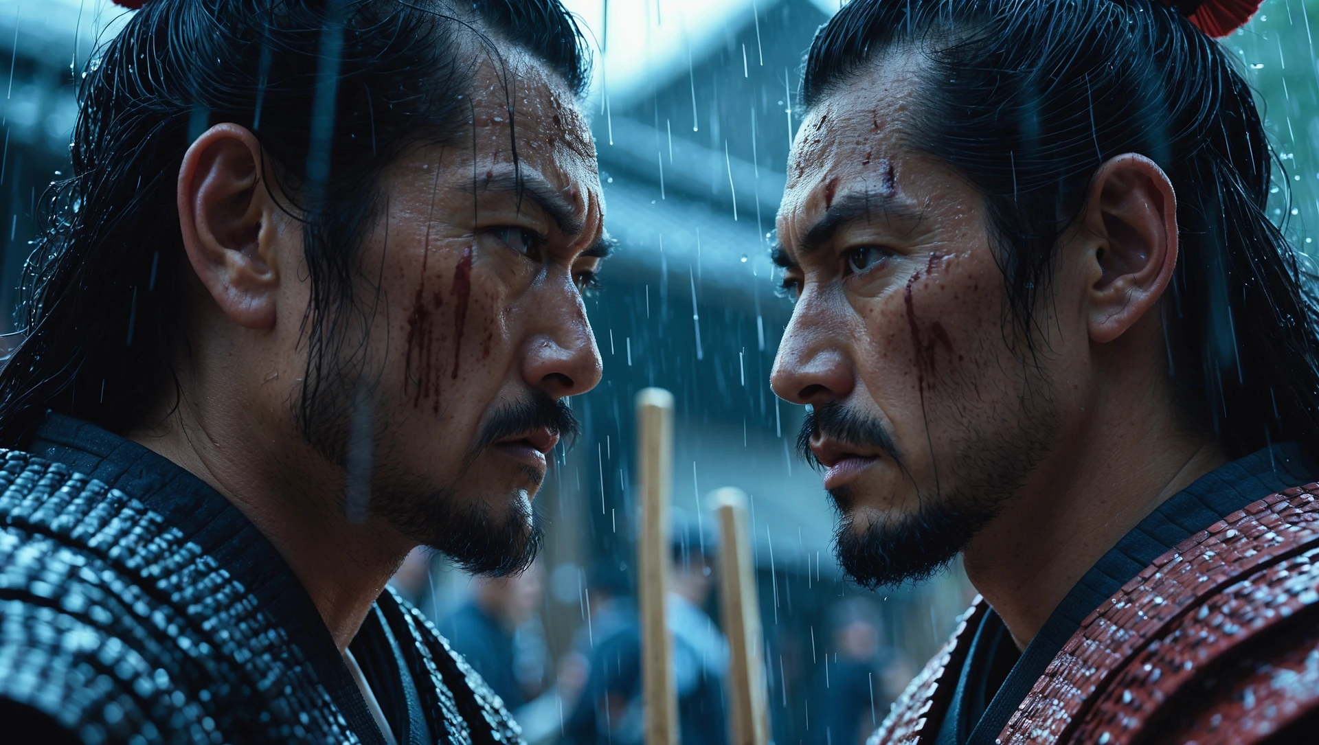 A cinematic scane of a two japan samurai face to face ready to fight during rain, Medium shot, deph composition, tense atmosphere, shot by arri alexa, interstellar look emoji