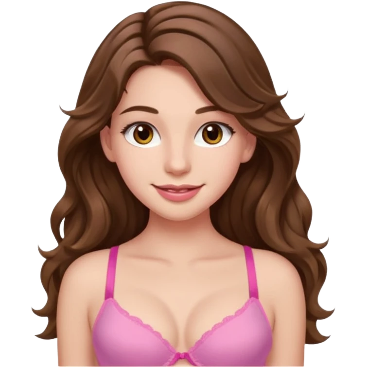 teenager, long brown hair wavy, hazel eyes, pink, beautiful, stunning, little clothing, bra, calm, big lips, long lashes, super hot emoji