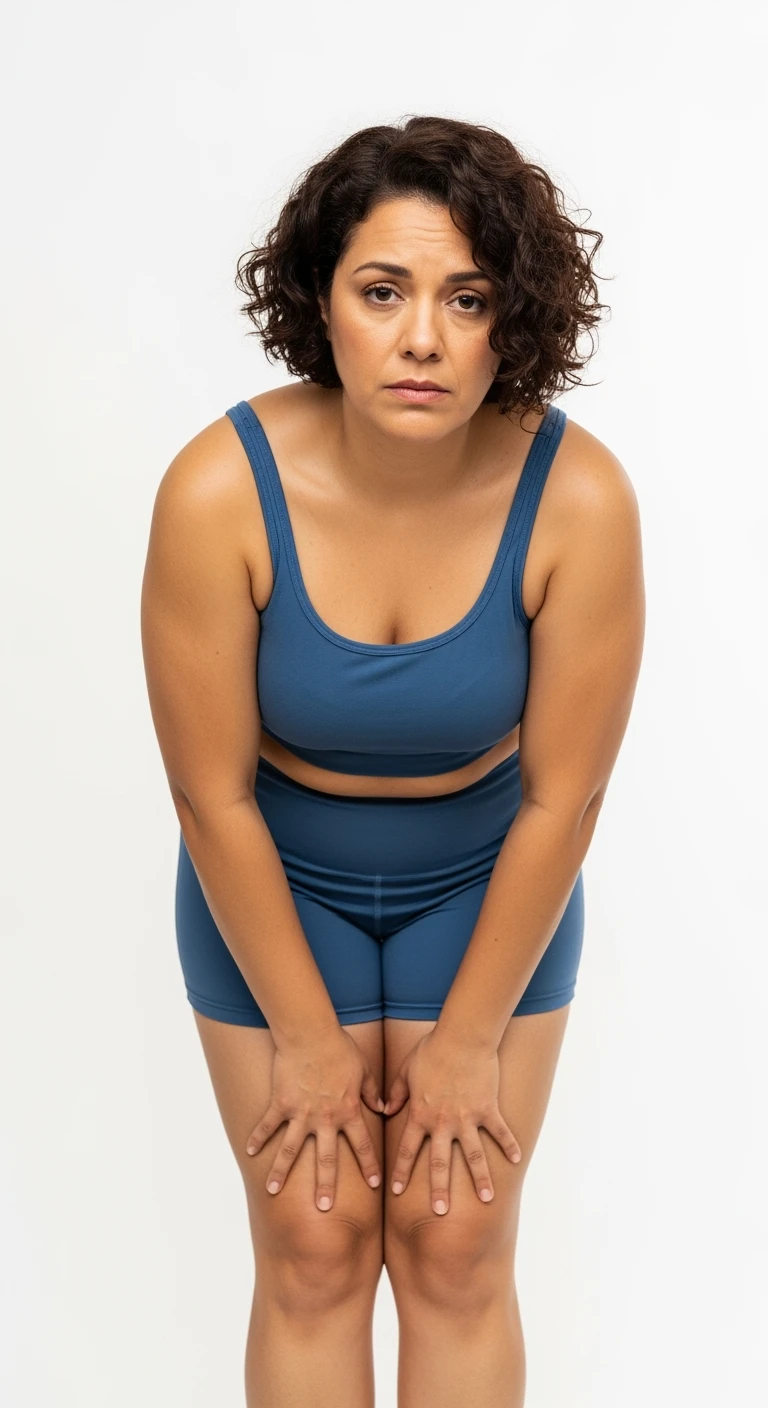 donna con cellulite in gym short leggermente piegata in avanti, con espressione dispiaciuta in volto isolata su sfondo bianco emoji