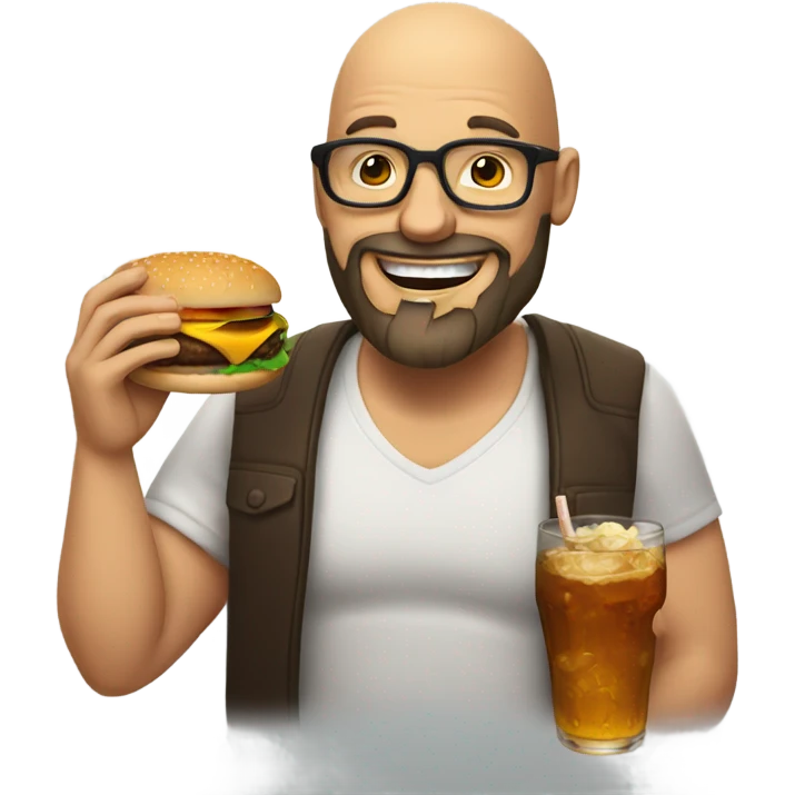 Happy bald man with beard and glasses eating a burger and drinking bourbon  emoji