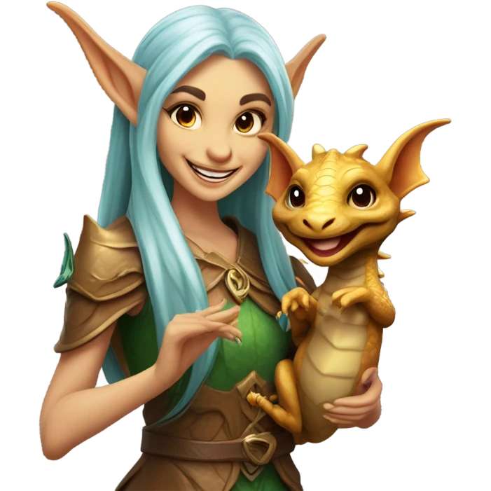 an elf woman holding jolly bronze dragon emoji