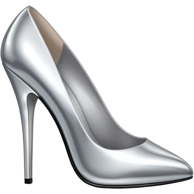 A pair of high heel shoes emoji made of polished silver chrome, elegant sharp silhouette, smooth metallic surface, glossy reflections, luxury sexy vibe, minimalistic iOS emoji style, centered, clean white background emoji