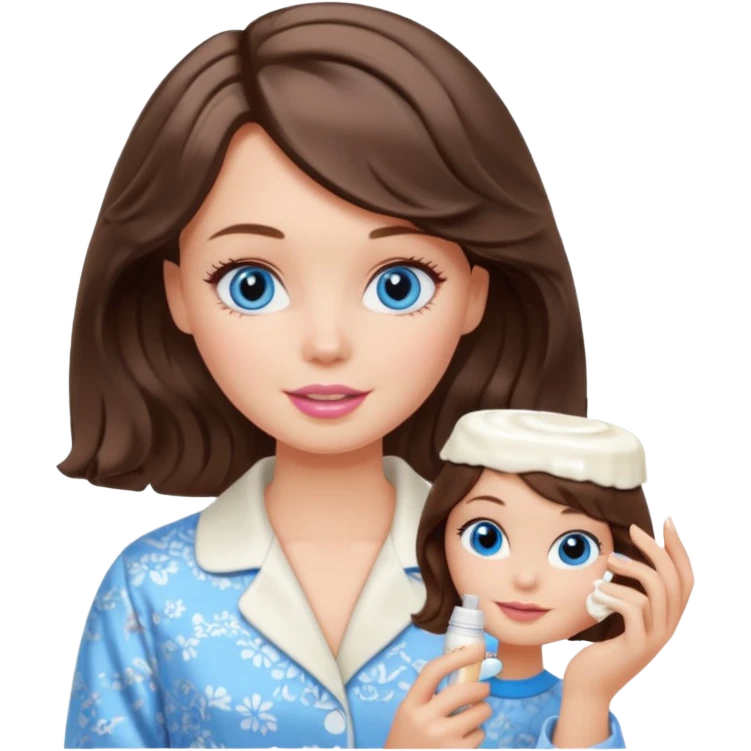 Barbie girl with makeup, blue eyes , and bob long haircut wavy, short brown hair in creamy color pajamas, face cream in hand emoji
