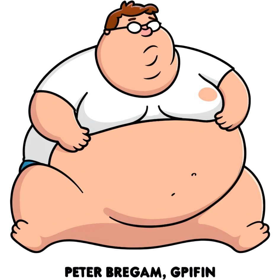 Peter Griffin from Family Guy with a huge pregnant belly, laying down on his back, sweating, exhausted expression, wearing his signature outfit emoji