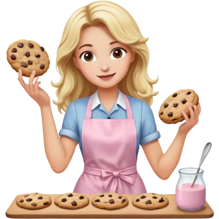 Blond long wavy hair lady with a light pink apron making chocolate chip cookies emoji