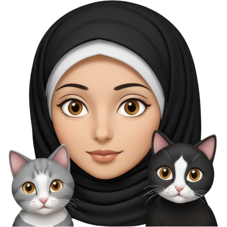 A Arabic woman human with brown eyes and black hijab. and three cats, two cats black and white and one grey cat  emoji