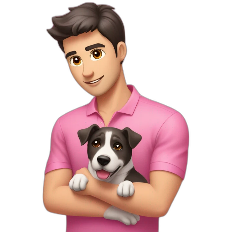 young handsome man with straight short dark hair and dark eyes with large eyelashes and plump pink lips protruding cheekbones in a sports polo shirt hugs a dog emoji