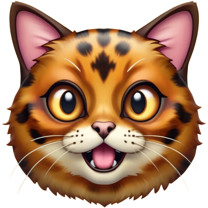 Cinematic Comical Tortoiseshell Cat Portrait Emoji, Head cocked dramatically with an over-the-top shocked expression, featuring a rich mottled fur of browns and blacks and wide, comically animated eyes full of playful disbelief, simplified yet hilariously detailed, glowing with a bold, sassy radiance, high shine, exuding a mischievous and spirited charm, styled with a soft glowing outline, capturing the essence of a tortoiseshell cat that appears ready to burst into comical antics! emoji