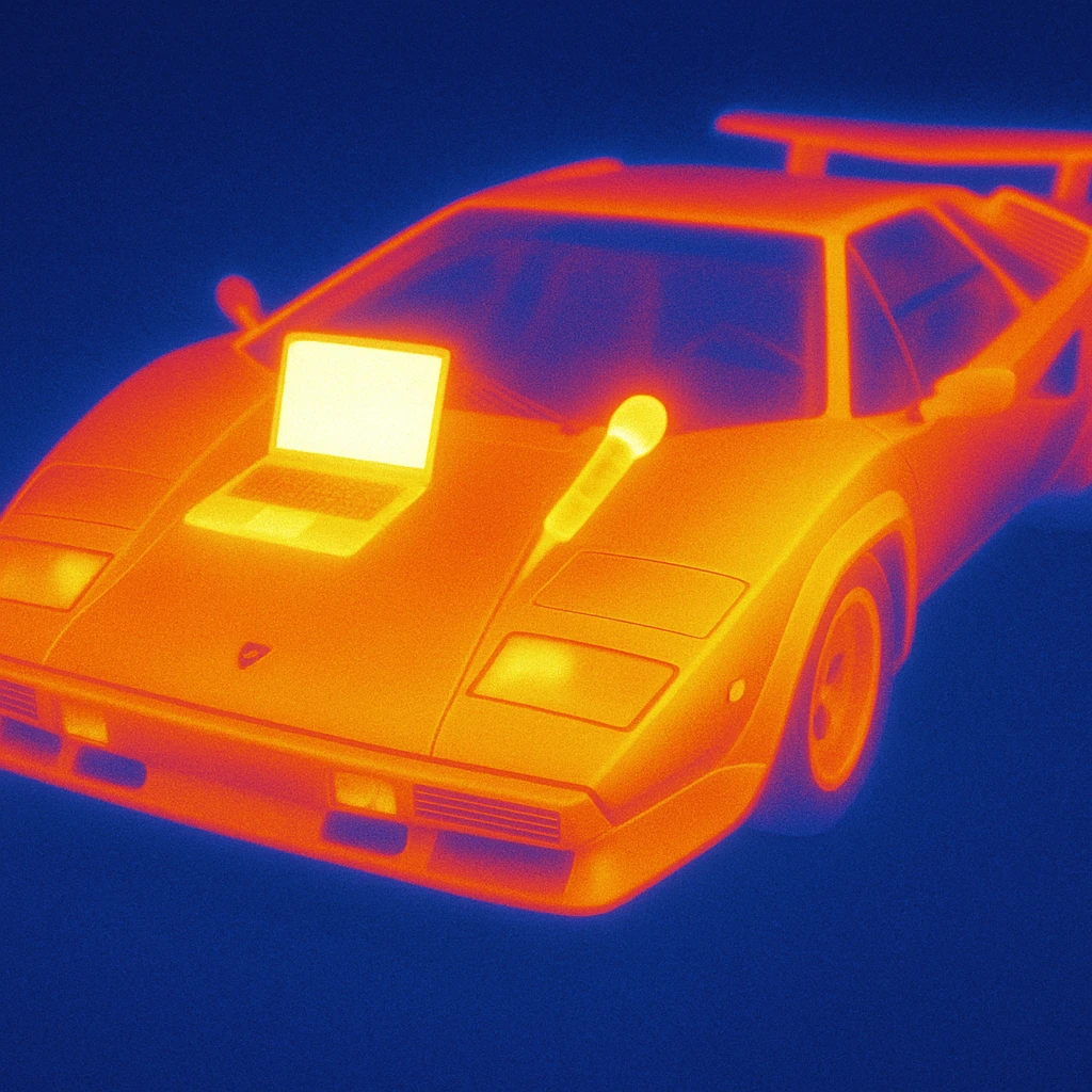 Lamborghini Countach with a laptop and a microphone for recording on the hood with a background emoji