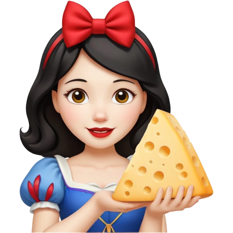 Happy Snow White with red bow in hair and holding triangle wedge of cheese emoji