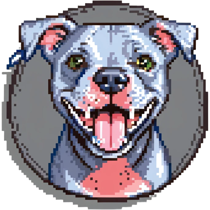 round circle puppy head only, full grey bleu staffy, big open mouth, big tongue out, stupid expression emoji