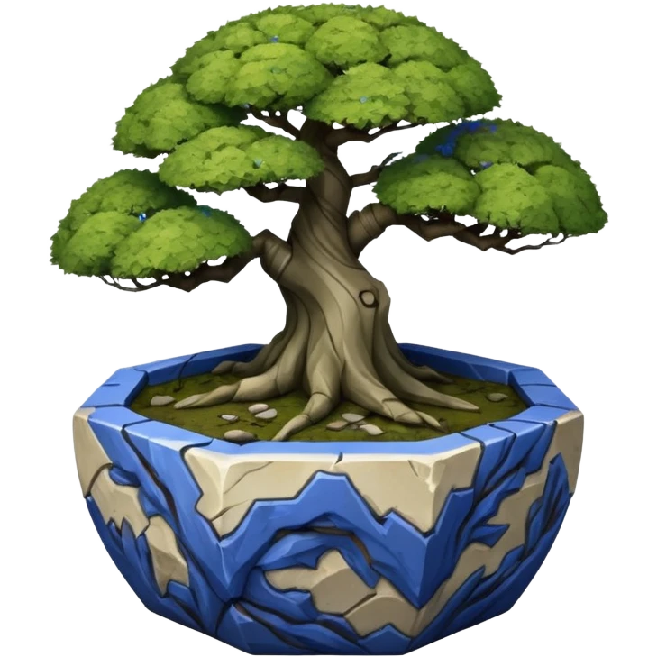 American very old broken intricate Stone Age rocky-crusted dodecahedron-shaped shallow dark moss rough bark blue willow flower maple tree bonsai pot emoji