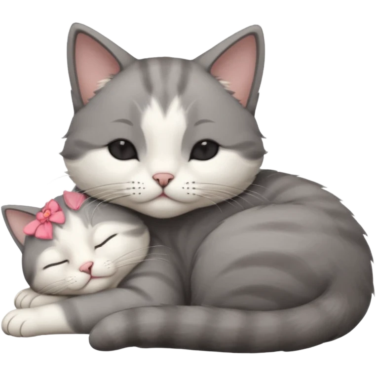 dark grey and white small cat with his eyes closed leaning his head on his paw while leaning on his elbow lying down emoji