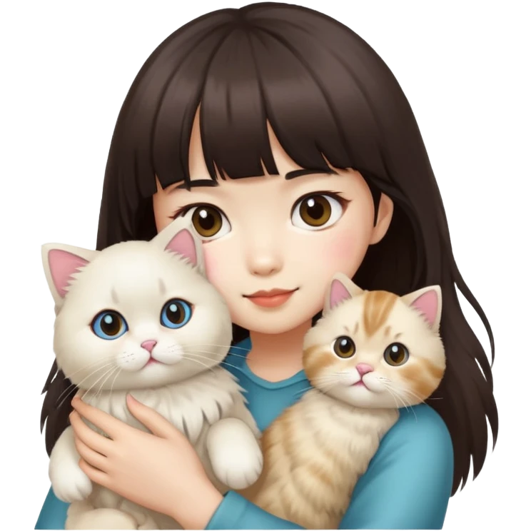 Asian girl with bangs holding a ragdoll cat emoji