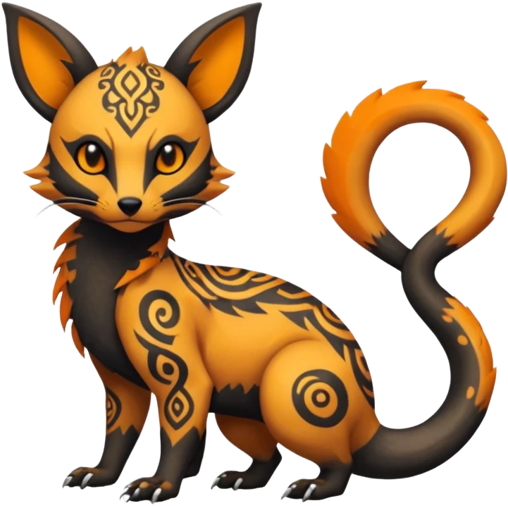 Rare warm-colored exotic cute epic aesthetic gothic colorful Salandit-Eevee-Civet-species-Fakemon-hybrid-creature, with tribal tattoo markings, full body emoji