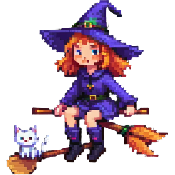 witch on a broomstick with a cat familiar emoji