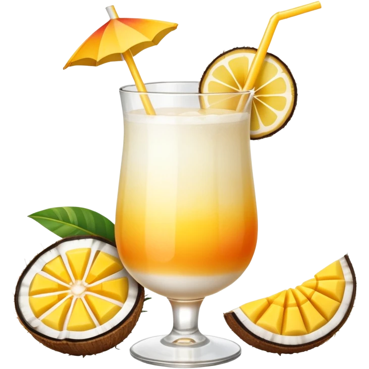 A beautiful cocktail with a creamy white to orange gradient, containing coconut juice and mango, reminiscent of summer. Above, there are tropical flowers, lemon slices, and a straws. emoji
