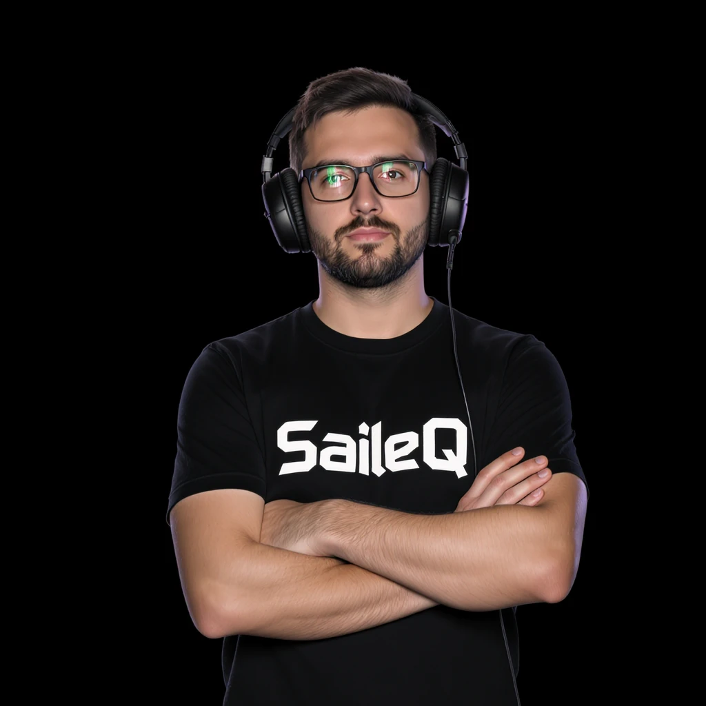 Csgo pro player profile proffesional photo, low key light back light, man standing crossed hands with tshirt with text "SaileQ" black solid background emoji
