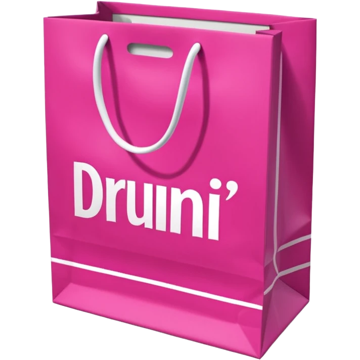 Fuchsia pink paper bag with white handles, repeating DRUNI pattern in light pink and a large vertical 'DRUNI' in bold white letters in the center, iOS emoji style, shiny and realistic. emoji
