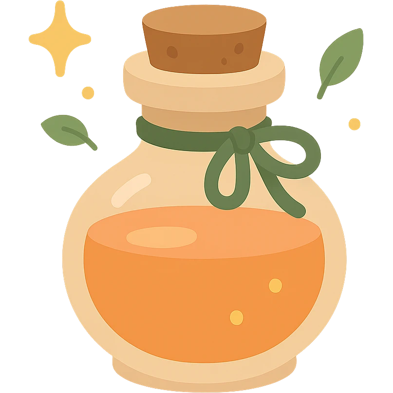 "A cute potion bottle with a whimsical and cozy design, featuring soft and warm colors: golden orange (FA9B41), deep forest green (4A7C5C), muted taupe brown (96775A), and pastel peach (FFCC9A). The bottle is small, round, and slightly vintage in style, with a cork stopper and a delicate ribbon tied around its neck. The potion inside glows faintly with a peachy-orange hue. Surroundings include soft lighting and a magical atmosphere, possibly with sparkles or tiny floating leaves, emphasizing a warm and enchanting mood. The style is charming, storybook-like, and detailed emoji