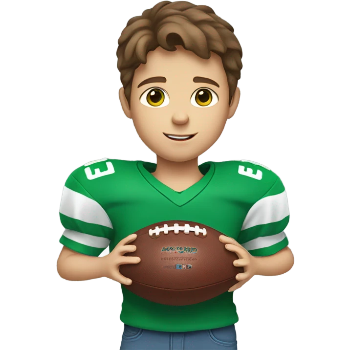 boy with brown hair and light blue eyes. wearing a green shirt. holding an american football  emoji