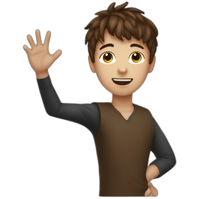Boy with brown hair with hands up wearing Halloween mask emoji