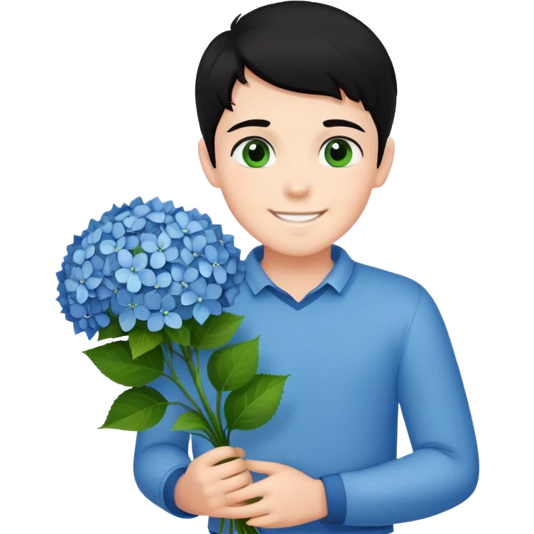 Smiling boy with fair skin and black hair that stands up and green eyes with bouquet of hydrangeas  emoji