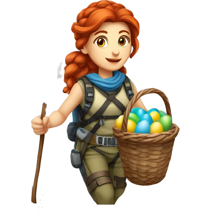 Greek Female winter mountaineer red hair white skin climbing with Greek Flag and Easter eggs basket emoji