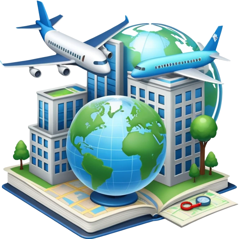 An icon featuring a hotel building, and a globe, symbolizing the scientific study of tourism and hospitality. The design includes a map, a plane and train, a compass, and a checklist, representing travel planning and service management. Transparent background emoji