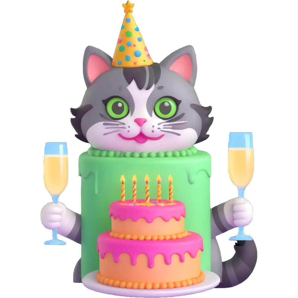 tricolor fluffy cat with big green eyes celebrating her birthday with a cake and champagne emoji