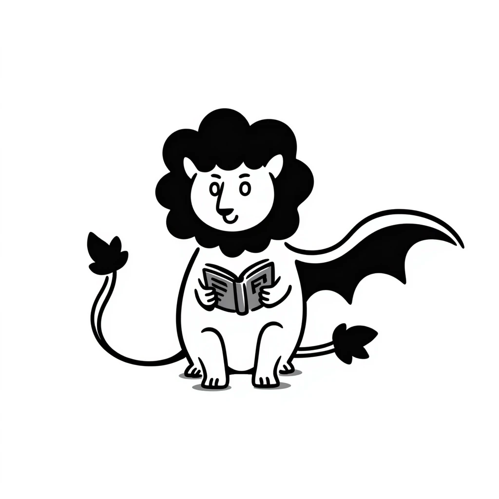 Manticore with wings, lion tail, and a book emoji