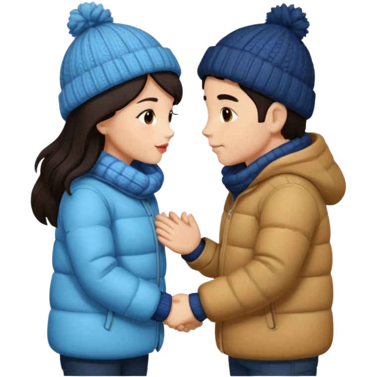 date night christmas couples, dark hair, holding hands, about to kiss each other, wearing a winter outfits emoji