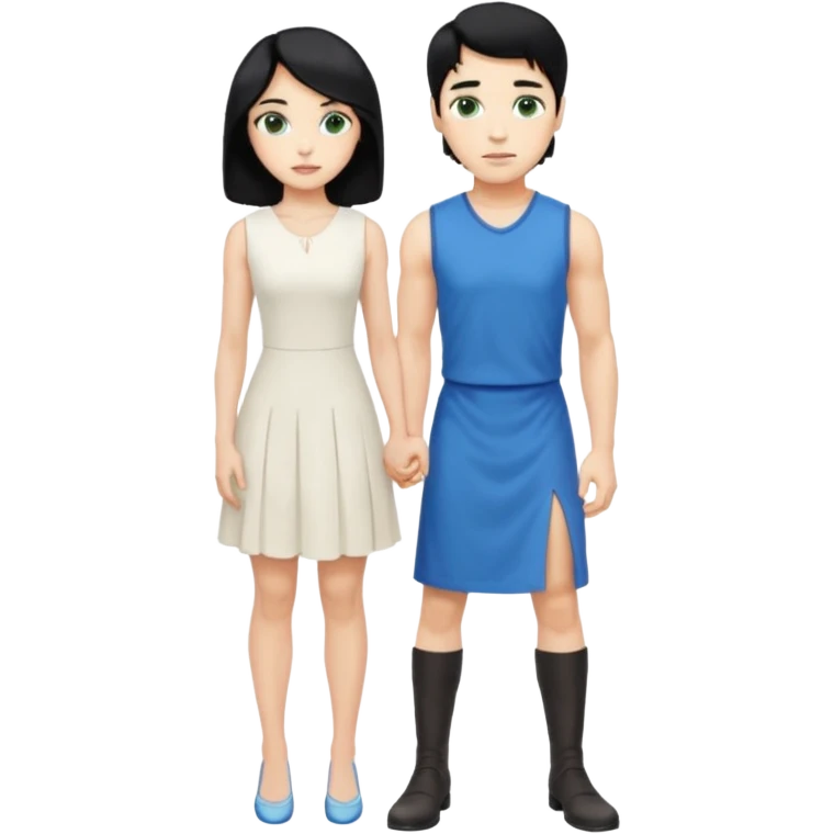 prince, standing upright, black Hair, blue eyes, garment,  woman, bending knee, white sleveless dress, blonde hair, green eyes, emoji