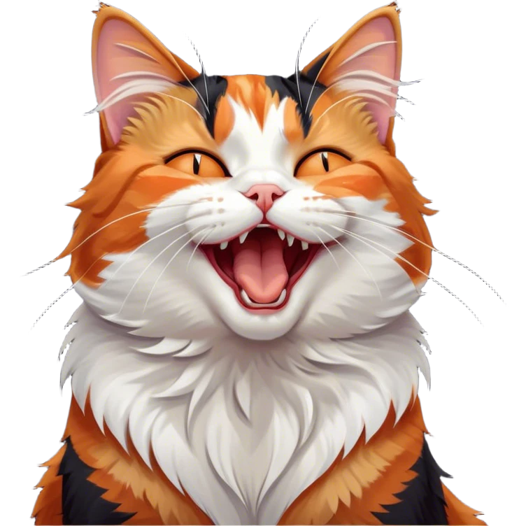 Cinematic Cute Yawning Calico Cat Portrait Emoji, Head tilted mid-yawn with a charming, relaxed expression, showcasing a soft patchwork fur of vibrant orange, black, and white, simplified yet irresistibly adorable, highly detailed, glowing with a cozy, gentle radiance, high shine, exuding sleepy yet endearing charm, styled with a soft glowing outline, capturing the essence of a calico cat caught in a delightful yawn that seems ready to cuddle up for a nap! emoji
